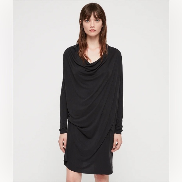All Saints Dresses & Skirts - Allsaints Black Cupro Amei Long Sleeve Draped Mini Dress Size 0 EUC